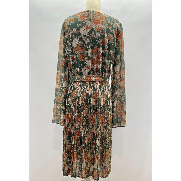 Indie & Co Oaklee Midi Dress Womens XL Green Floral Pleated Semi-Sheer LS Fall - Picture 2 of 2